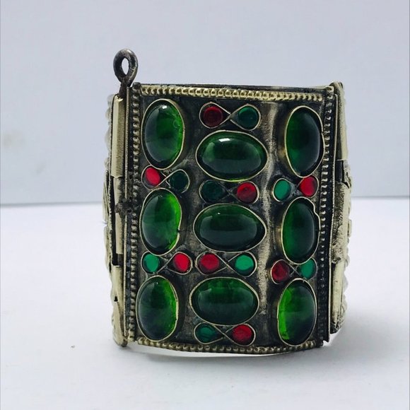 Single Golden Vintage Gypsy Cuff Bracelet, Boho Cuff With Big Glass Stones - Picture 2 of 3